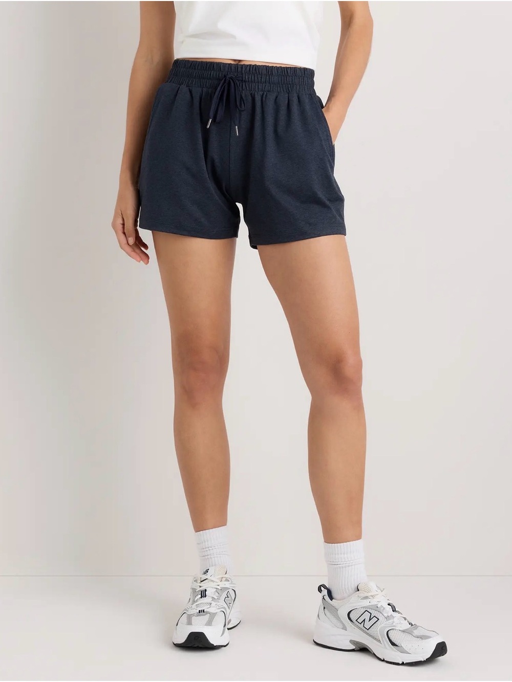 Quince Flowknit Mid-Rise Shorts in Heather Deep Navy